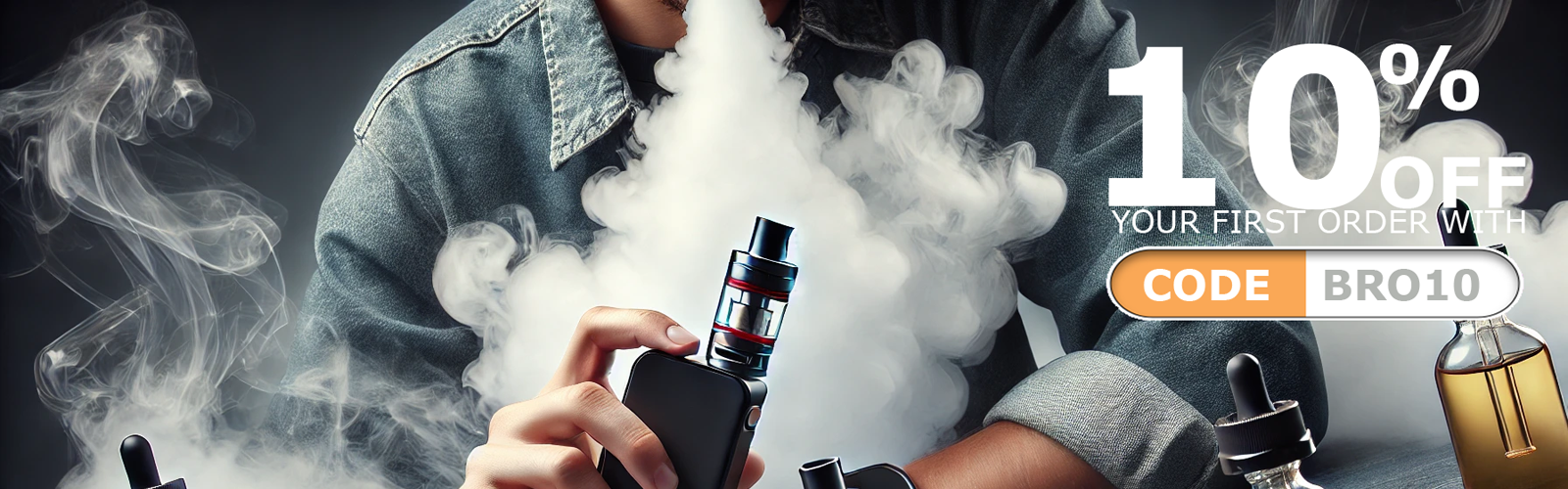 Promotional banner featuring a person vaping, surrounded by thick clouds of vape, with a discount offer for 10% off the first order using code BRO10. The image also shows vaping devices and e-liquid bottles, emphasizing the special offer.