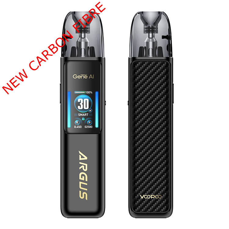 Image of the new Voopoo Argus G2 vape device with a carbon fibre design. The front view displays a digital screen showing 30 watts in Smart mode, alongside 'Argus' branding and 'Gene AI' text, indicating advanced AI technology. The back view showcases a stylish carbon fibre panel with the 'Voopoo' logo. The text 'NEW CARBON FIBRE' is displayed in red across the image, emphasizing the updated material for a premium look and feel