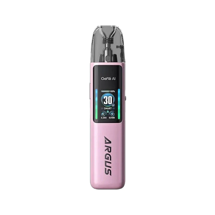 Image of a pink Voopoo Argus G2 vape device, featuring a digital display screen showing 30 watts in Smart mode. The device has the 'Argus' branding engraved on the front, with 'Gene AI' displayed on the screen, indicating advanced AI functionality. The transparent top section reveals the pod and mouthpiece, adding to its modern and stylish design.