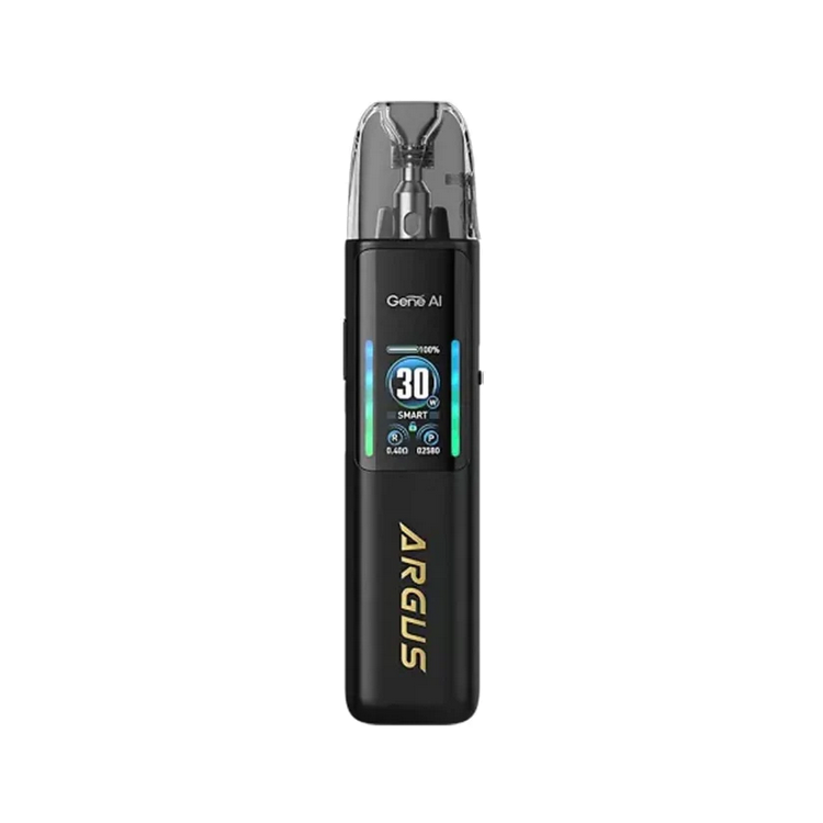 Image of a spray black Voopoo Argus G2 vape device, featuring a digital display screen showing 30 watts in Smart mode. The device has the 'Argus' branding in gold on the front, with 'Gene AI' displayed on the screen, highlighting its advanced AI functionality. The transparent top section reveals the pod and mouthpiece, giving it a sophisticated and premium appearance.