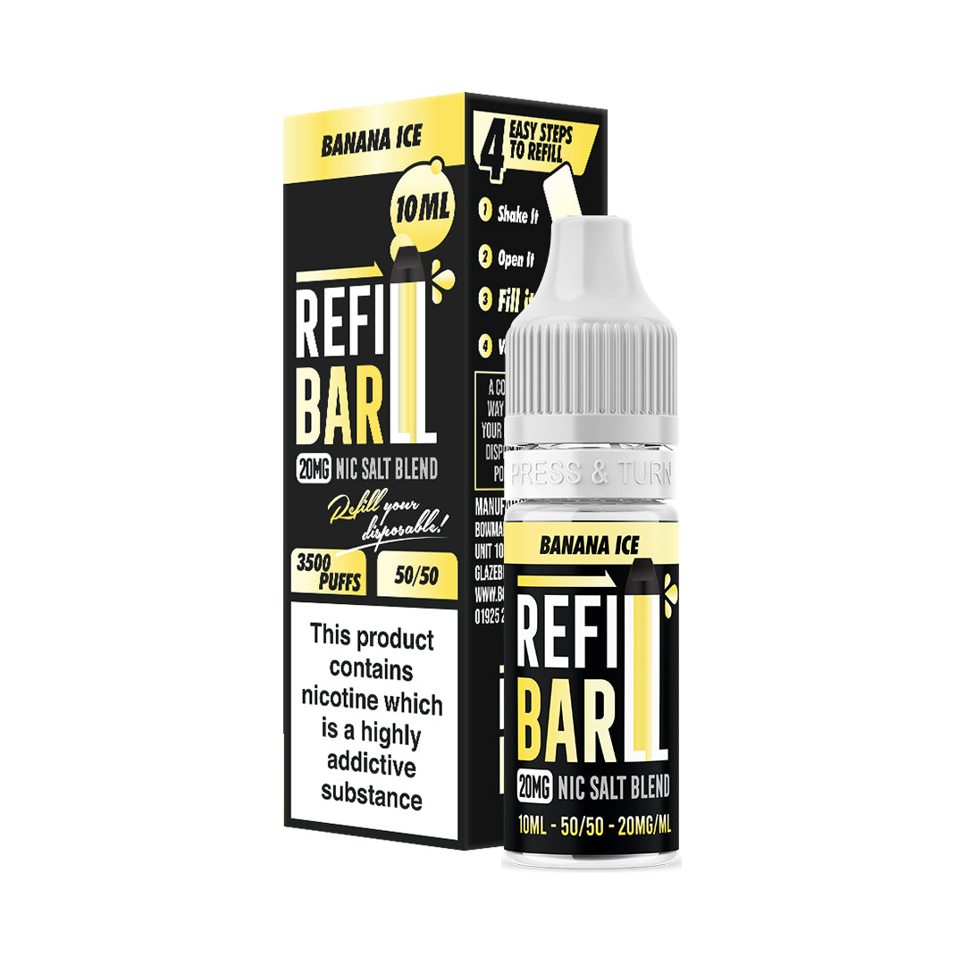 Refill Bar Banana Ice 10ml Nic Salt e-liquid bottle and packaging. The product is labelled as containing 20mg nicotine strength, with a flavour profile of banana ice. The packaging also highlights that the e-liquid is suitable for refilling disposable vape devices, offering up to 3500 puffs with a 50/50 VG/PG ratio. The label carries a nicotine warning stating that the product contains nicotine, a highly addictive substance.