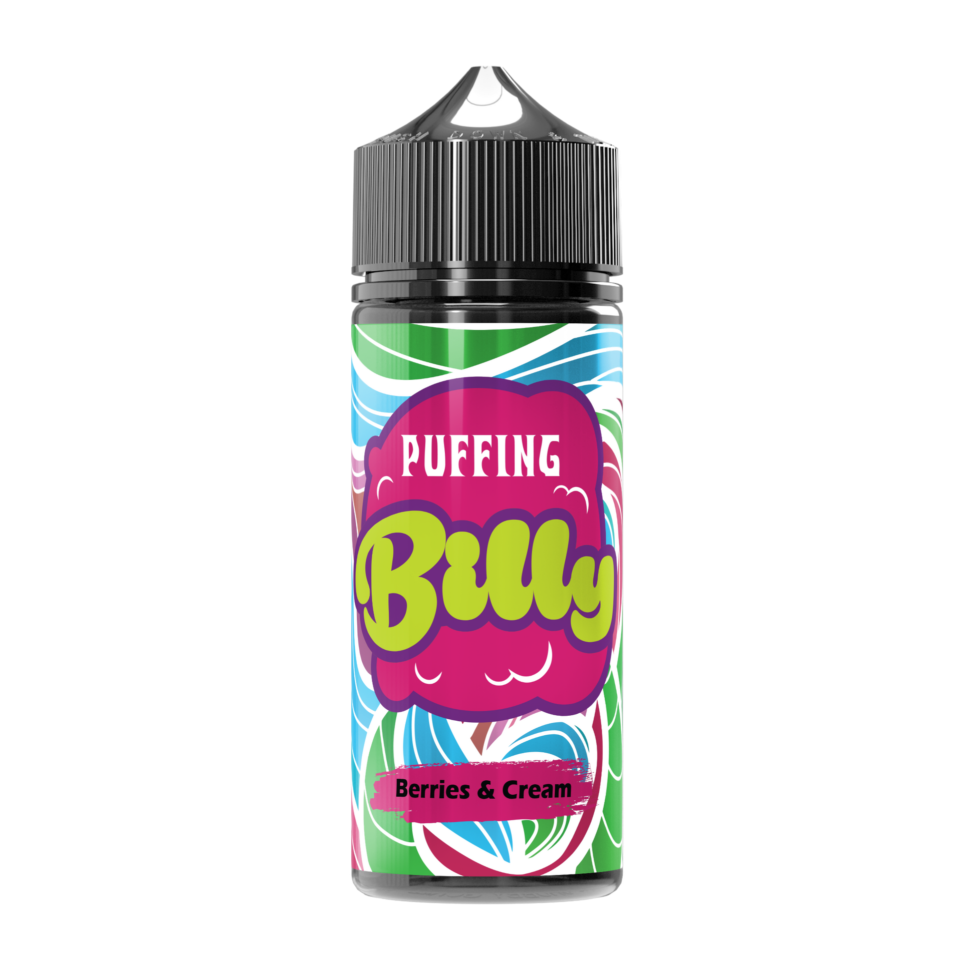 Puffing Billy Berries and Cream E-Liquid with 70% VG and 30% PG ratio, ingredients listed on the bottle