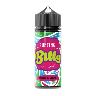 Puffing Billy Berries and Cream E-Liquid with 70% VG and 30% PG ratio, ingredients listed on the bottle