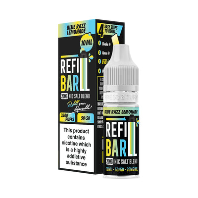 Refill Bar Blue Razz Lemonade 10ml Nic Salt e-liquid bottle and packaging. The product is labelled as containing 20mg nicotine strength, with a flavour profile of blue raspberry lemonade. The packaging highlights that the e-liquid is designed for refilling disposable vape devices, offering up to 3500 puffs with a 50/50 VG/PG ratio. The label includes a nicotine warning indicating that the product contains nicotine, a highly addictive substance.