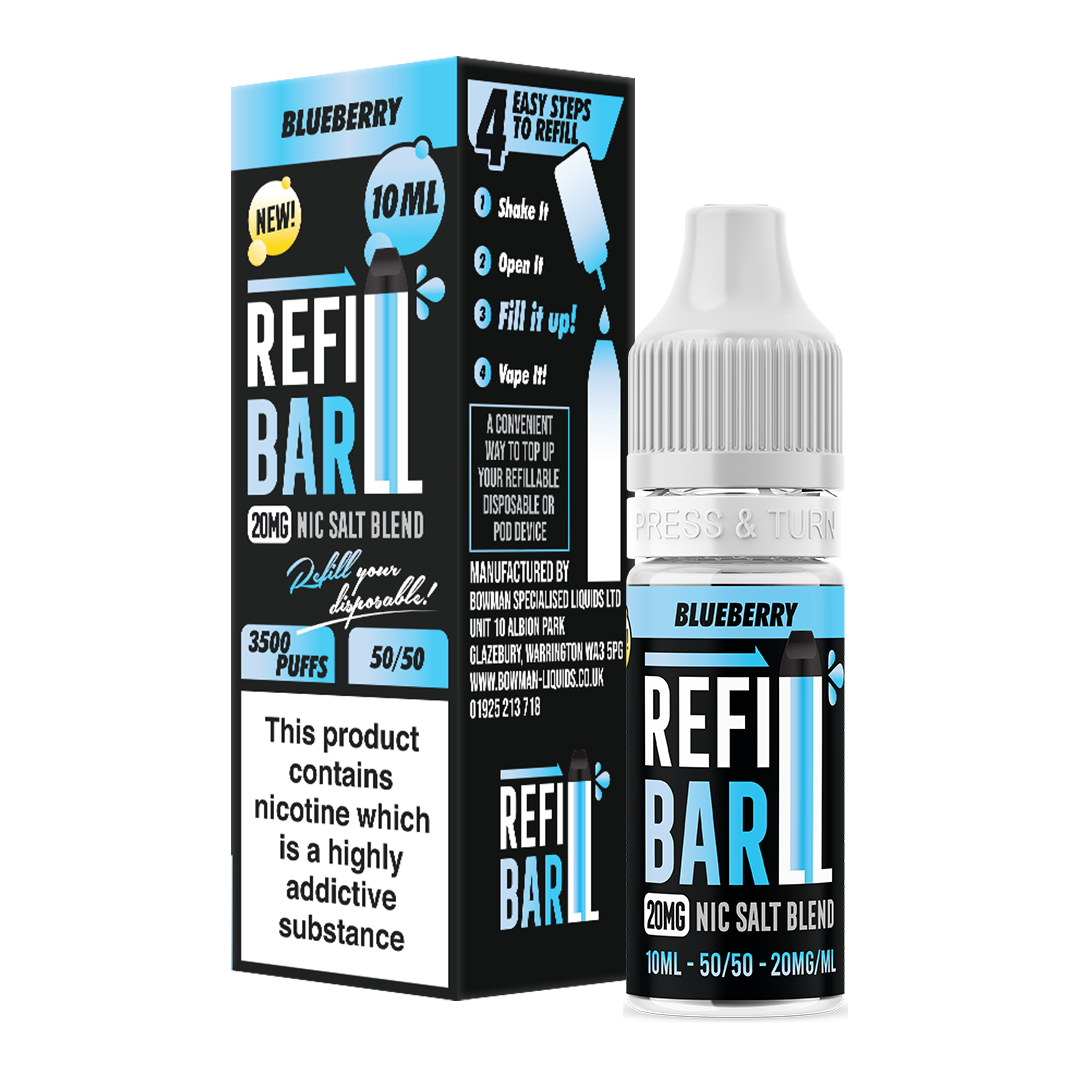 Refill Bar Blueberry 10ml Nic Salt e-liquid bottle and packaging. The product is labelled as containing 20mg nicotine strength, with a flavour profile of blueberry. The packaging highlights that the e-liquid is designed for refilling disposable vape devices, offering up to 3500 puffs with a 50/50 VG/PG ratio. The label includes a nicotine warning indicating that the product contains nicotine, a highly addictive substance.