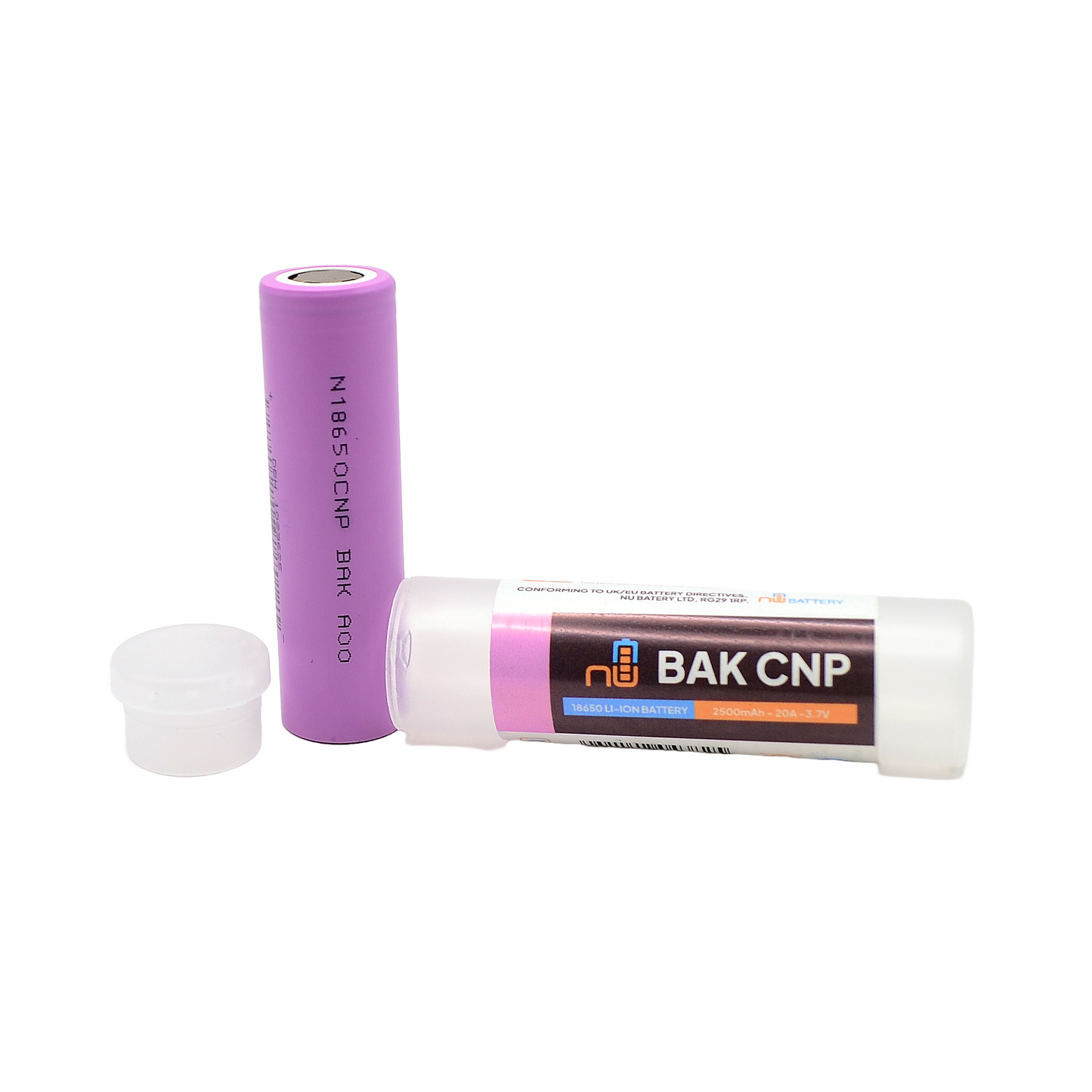 Purple BAK CNP 18650 lithium-ion battery alongside a branded storage tube labeled 2500mAh and 3.7V.