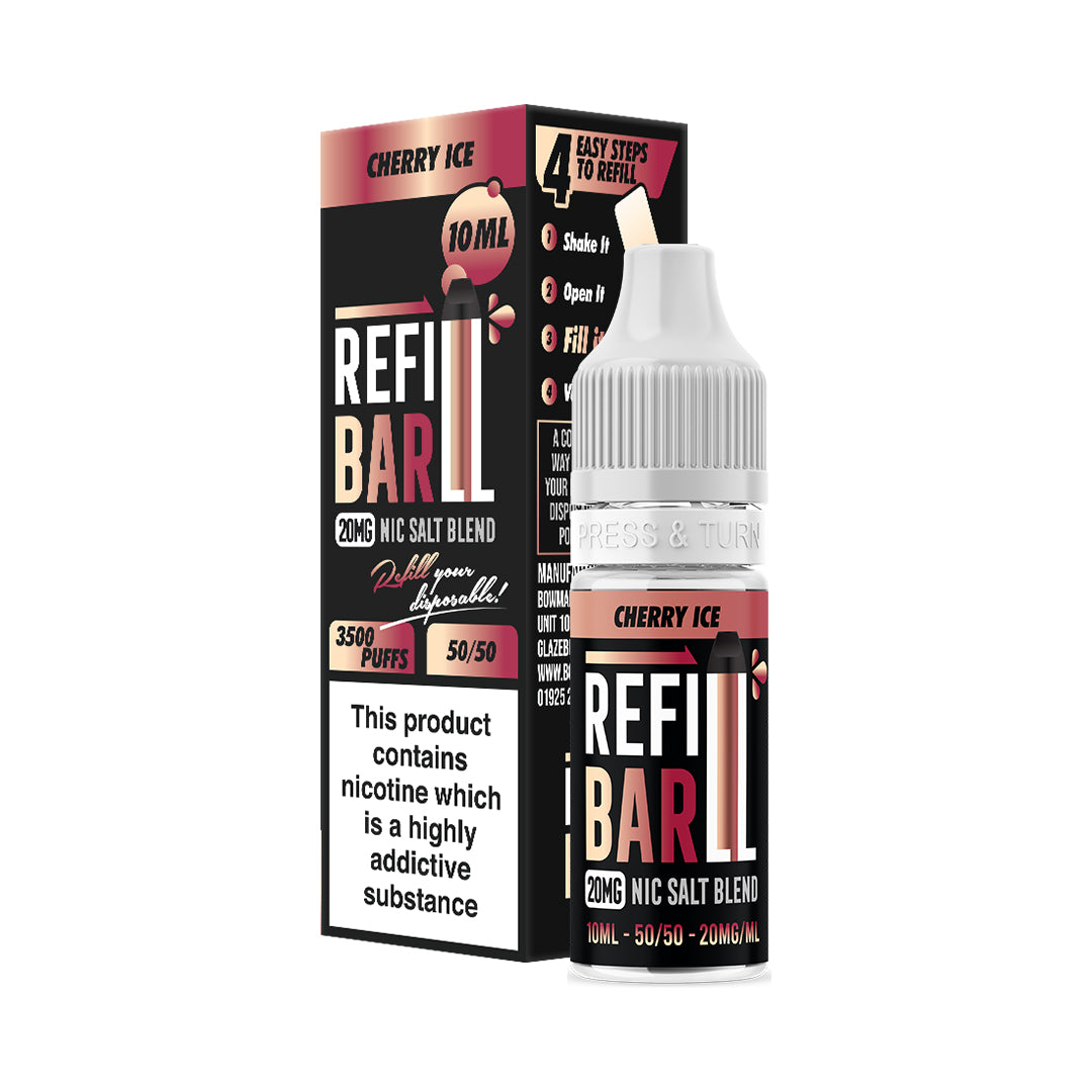 Refill Bar Cherry Ice 10ml Nic Salt e-liquid bottle and packaging. The product is labelled as containing 20mg nicotine strength, with a flavour profile of cherry and menthol ice. The packaging highlights that the e-liquid is designed for refilling disposable vape devices, offering up to 3500 puffs with a 50/50 VG/PG ratio. The label includes a nicotine warning stating that the product contains nicotine, a highly addictive substance.