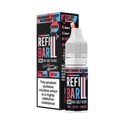 Refill Bar Cranberry Cherry Blueberry Ice 10ml Nic Salt e-liquid bottle and packaging. The product is labelled as containing 20mg nicotine strength, with a flavour profile combining cranberry, cherry, and blueberry with an icy menthol finish. The packaging highlights that the e-liquid is designed for refilling disposable vape devices, offering up to 3500 puffs with a 50/50 VG/PG ratio. The label includes a nicotine warning indicating that the product contains nicotine, a highly addictive substance.