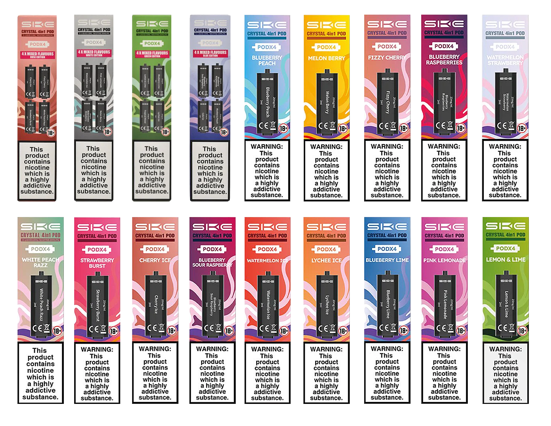 Crystal 4-in-1 pods available in Rose Edition, White Edition, Green Edition, Blue Edition, Blueberry Peach, Melon Berry, Fizzy Cherry, Blueberry Raspberries, Watermelon Strawberry, White Peach Razz, Strawberry Burst, Cherry Ice, Blueberry Sour Raspberry, Watermelon Ice, Lychee Ice, Blueberry Lime, Pink Lemonade, Lemon and Lime and Cola flavours Pack of 4 by SKE and available to buy from vapebrothers.co.uk