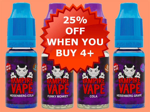 Special Offer 25% off when you buy 4 or more of any Vampire Vape E-Liquids