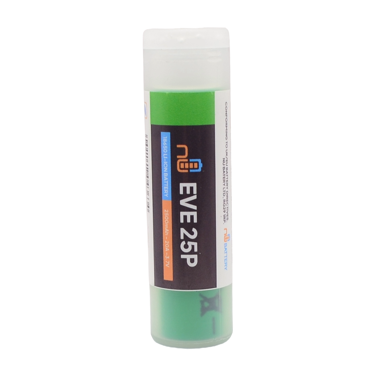 EVE 25P 18650 battery in a transparent storage tube, labeled 2500mAh, 20A, and 3.7V