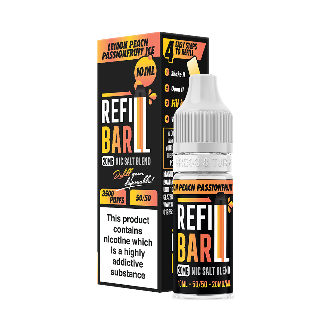 Refill Bar Lemon Peach Passionfruit Ice 10ml Nic Salt e-liquid bottle and packaging. The product is labelled as containing 20mg nicotine strength, with a flavour profile featuring a blend of tangy lemon, juicy peach, and tropical passionfruit, complemented by a cool menthol finish. The packaging highlights that the e-liquid is designed for refilling disposable vape devices, offering up to 3500 puffs with a 50/50 VG/PG ratio. The label includes a nicotine warning indicating that the product contains nicotine