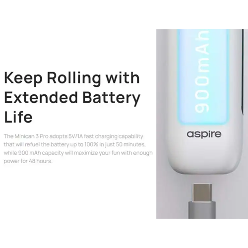 The Aspire Minican 3 Pro Pod Kit  is a long lasting 900 mAh battery