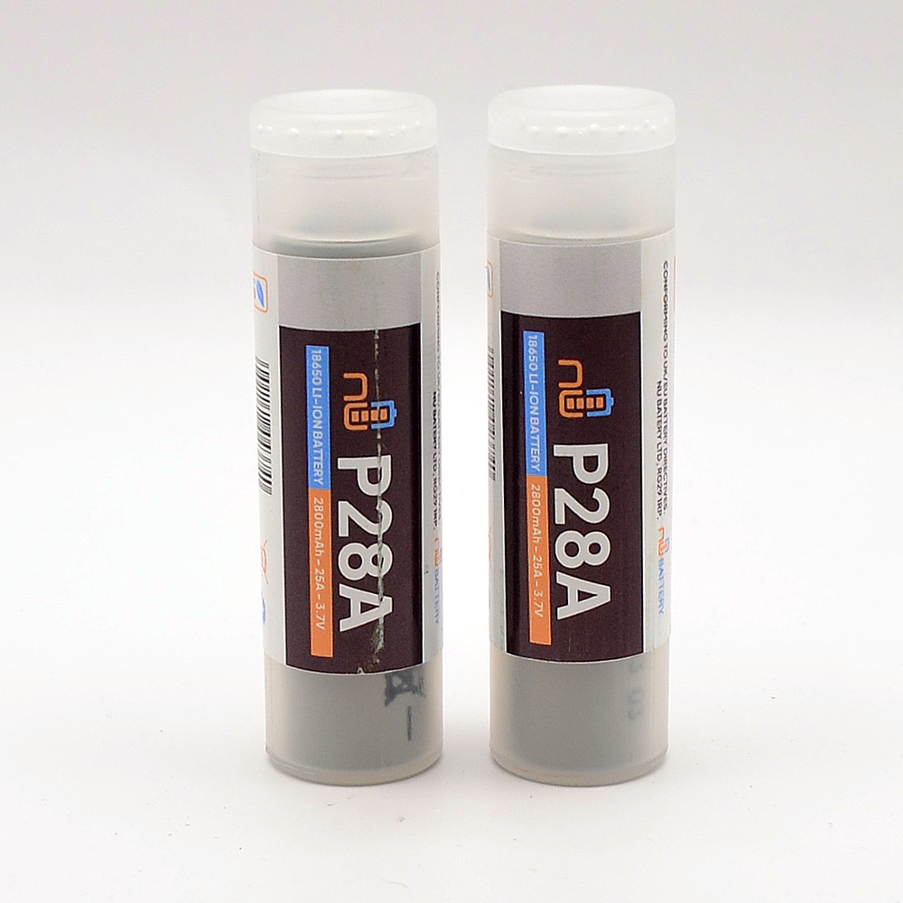 Two Molicel P28A 18650 batteries with 2800mAh capacity and 25A discharge rate, suitable for high-wattage vaping devices.