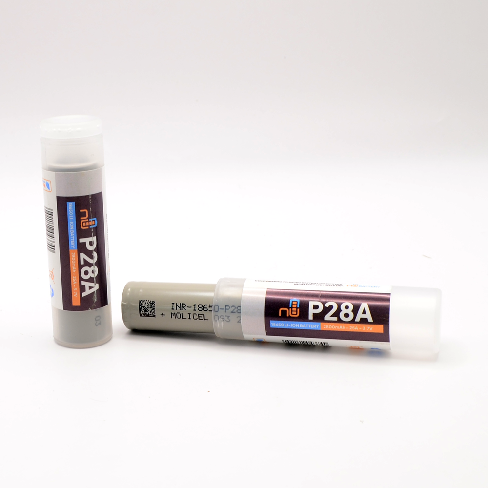 Two Molicel P28A 18650 batteries with 2800mAh capacity and 25A discharge rate, suitable for high-wattage vaping devices.