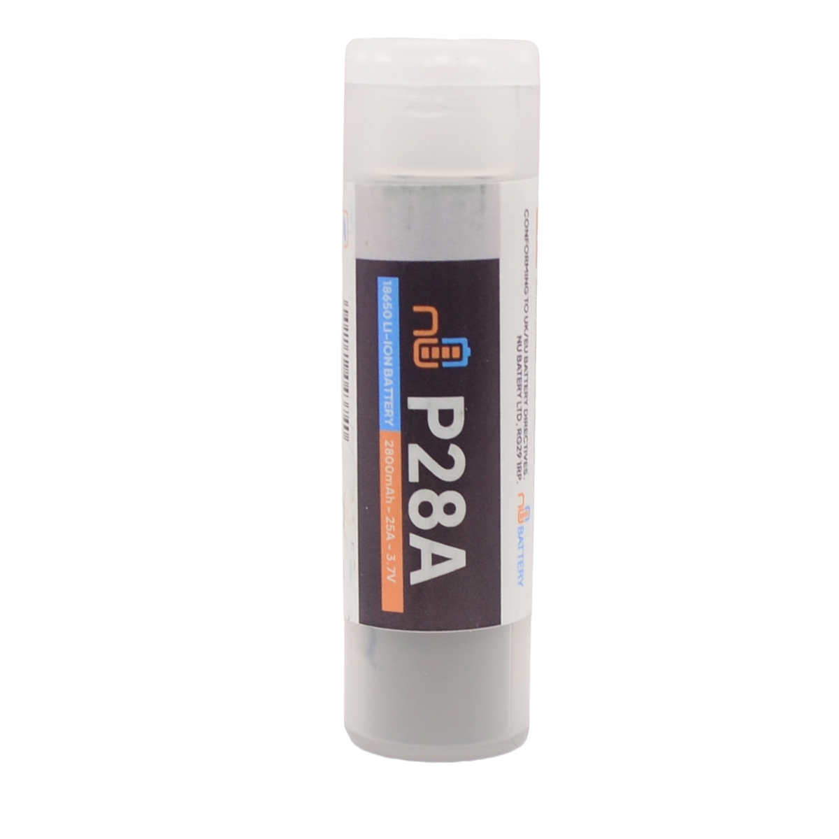 Molicel P28A 18650 battery in a protective transparent tube, labeled 2800mAh, 25A, and 3.7V