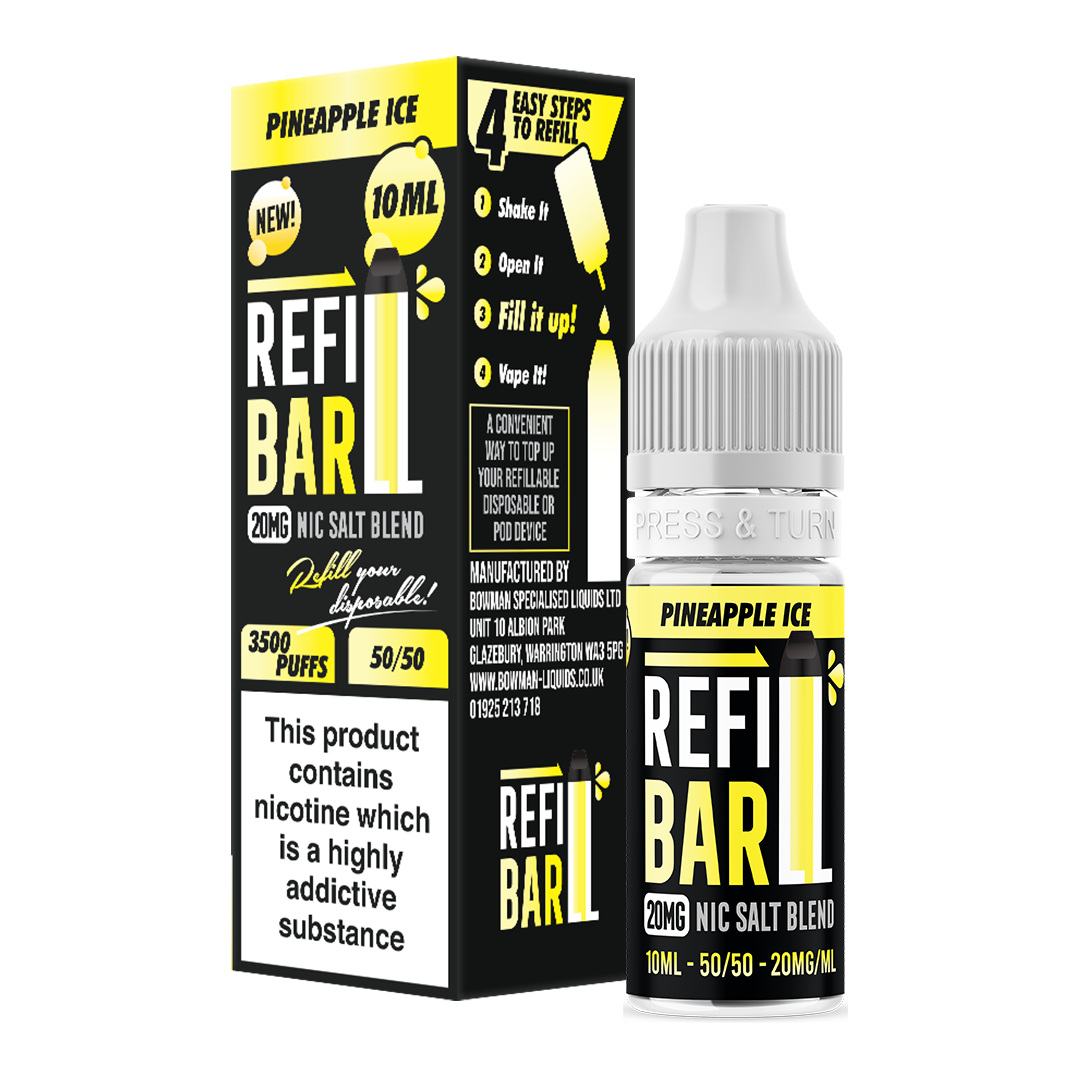 Refill Bar Pineapple Ice 10ml Nic Salt e-liquid bottle and packaging. The product is labelled as containing 20mg nicotine strength, with a flavour profile featuring sweet pineapple and a cool menthol finish. The packaging highlights that the e-liquid is designed for refilling disposable vape devices, offering up to 3500 puffs with a 50/50 VG/PG ratio. The label includes a nicotine warning indicating that the product contains nicotine, a highly addictive substance.