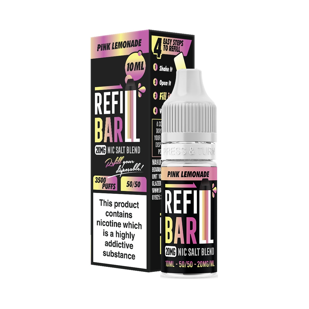 Refill Bar Pink Lemonade 10ml Nic Salt e-liquid bottle and packaging. The product is labelled as containing 20mg nicotine strength, with a flavour profile featuring a blend of tangy lemonade and sweet berries. The packaging highlights that the e-liquid is designed for refilling disposable vape devices, offering up to 3500 puffs with a 50/50 VG/PG ratio. The label includes a nicotine warning indicating that the product contains nicotine, a highly addictive substance.