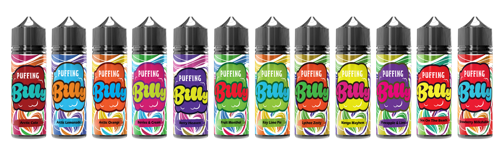 A product lineup image showcasing the Puffing Billy e-liquid range. The image features 12 colourful bottles with various flavours, including Arctic Cola, Arctic Lemonade, Arctic Orange, Berries & Cream, Berry Heaven, Fruit Menthol, Key Lime Pie, Lychee Zesty, Mango Mayhem, Pineapple & Lime, Sex on the Beach, and Strawberry Milkshake. Each bottle has a vibrant, eye-catching label design, emphasizing the diverse flavour options available.