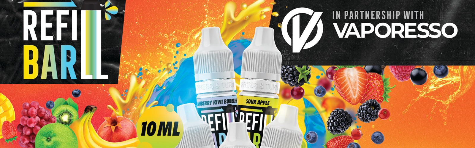 Colourful promotional banner for Refill Bar in partnership with Vaporesso. The image features vibrant fruit graphics, including strawberries, blueberries, blackberries, and kiwi, representing various e-liquid flavours. The bottles of Refill Bar e-liquids are prominently displayed, with text highlighting the 10ml bottle size. The Vaporesso logo is featured, indicating the collaboration between the two brands.