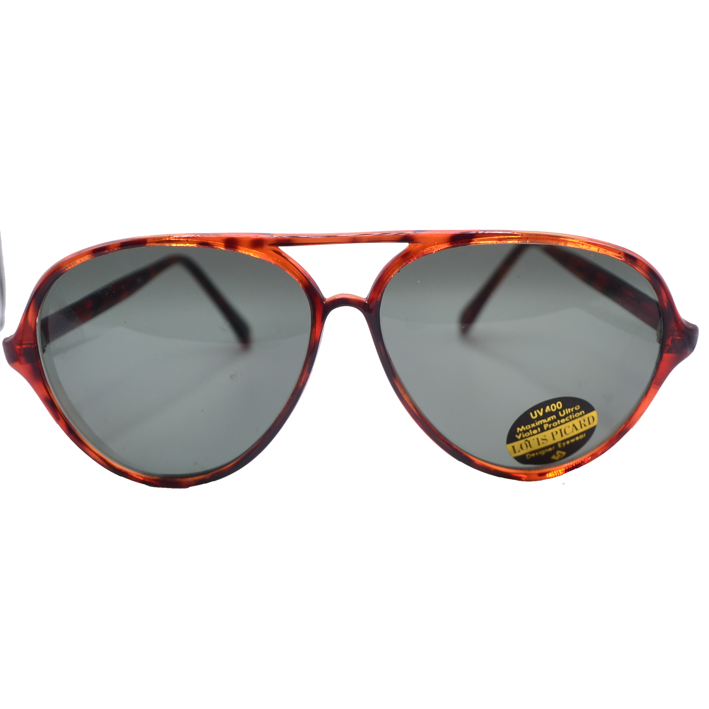 A pair of aviator-style sunglasses with tortoiseshell frames and dark gray lenses. There is a small round sticker on the bottom right lens that reads "UV 400 Maximum Protection" and "LOUIS PICARD."