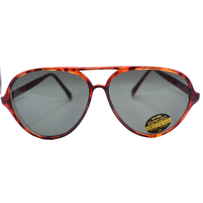 A pair of aviator-style sunglasses with tortoiseshell frames and dark gray lenses. There is a small round sticker on the bottom right lens that reads "UV 400 Maximum Protection" and "LOUIS PICARD."