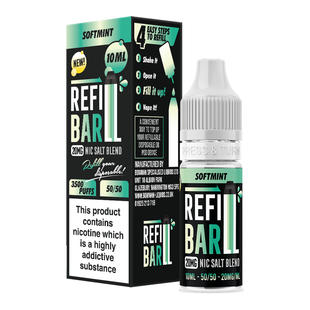 Refill Bar Softmint 10ml Nic Salt e-liquid bottle and packaging. The product is labelled as containing 20mg nicotine strength, with a flavour profile featuring smooth and refreshing soft mint. The packaging highlights that the e-liquid is designed for refilling disposable vape devices, offering up to 3500 puffs with a 50/50 VG/PG ratio. The label includes a nicotine warning indicating that the product contains nicotine, a highly addictive substance.