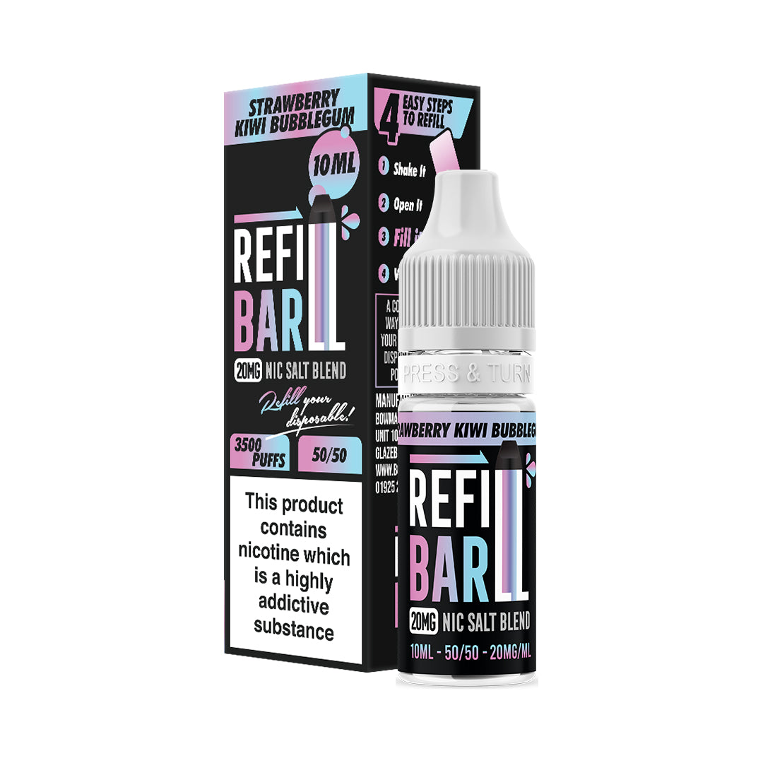 Refill Bar Strawberry Kiwi Bubblegum 10ml Nic Salt e-liquid bottle and packaging. The product is labelled as containing 20mg nicotine strength, with a flavour profile featuring sweet strawberries, tangy kiwi, and bubblegum. The packaging highlights that the e-liquid is designed for refilling disposable vape devices, offering up to 3500 puffs with a 50/50 VG/PG ratio. The label includes a nicotine warning indicating that the product contains nicotine, a highly addictive substance.