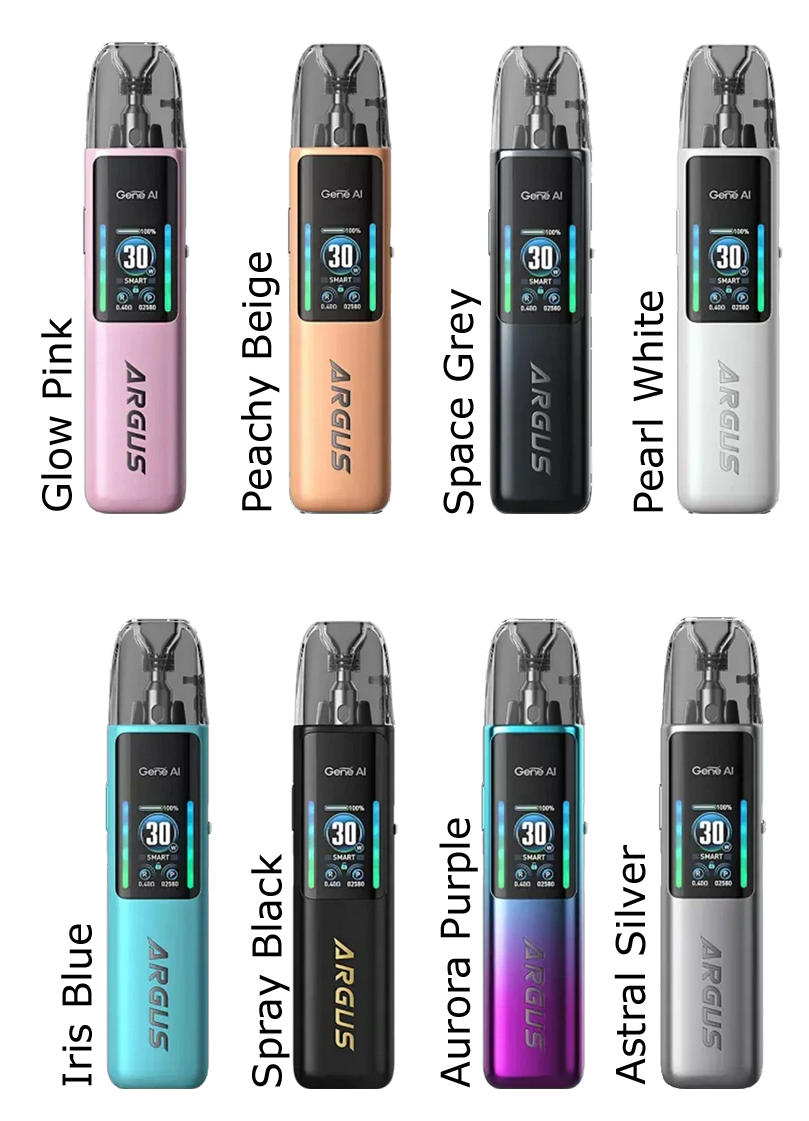 Image showing the Voopoo Argus G2 Pod Kit available in a range of colours: Glow Pink, Peachy Beige, Space Grey, Pearl White, Iris Blue, Spray Black, Aurora Purple, and Astral Silver. Each device features a digital display showing 30 watts in Smart mode, with 'Argus' branding on the front and 'Gene AI' technology displayed on the screen. The devices have a transparent top section revealing the pod and mouthpiece, offering a modern and stylish look for each colour option.