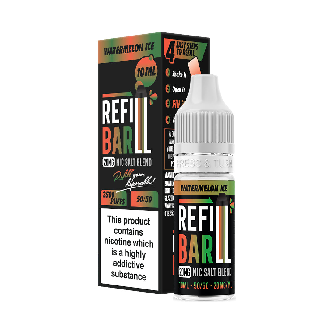 Refill Bar Watermelon Ice 10ml Nic Salt e-liquid bottle and packaging. The product is labelled as containing 20mg nicotine strength, with a flavour profile featuring sweet watermelon and a cool menthol finish. The packaging highlights that the e-liquid is designed for refilling disposable vape devices, offering up to 3500 puffs with a 50/50 VG/PG ratio. The label includes a nicotine warning indicating that the product contains nicotine, a highly addictive substance