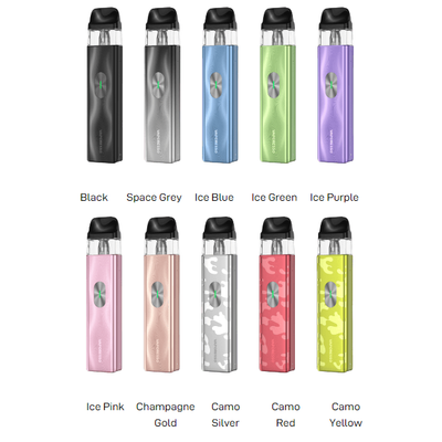 Vaporesso XROS 4 Mini Pod Kit available in Black, Space Grey, Ice Blue, Ice Green, Ice Purple, Ice Pink, Champagne Gold, Camo Silver, Camo Red and Camo Yellow colours and available to buy at vapebrothers.co.uk