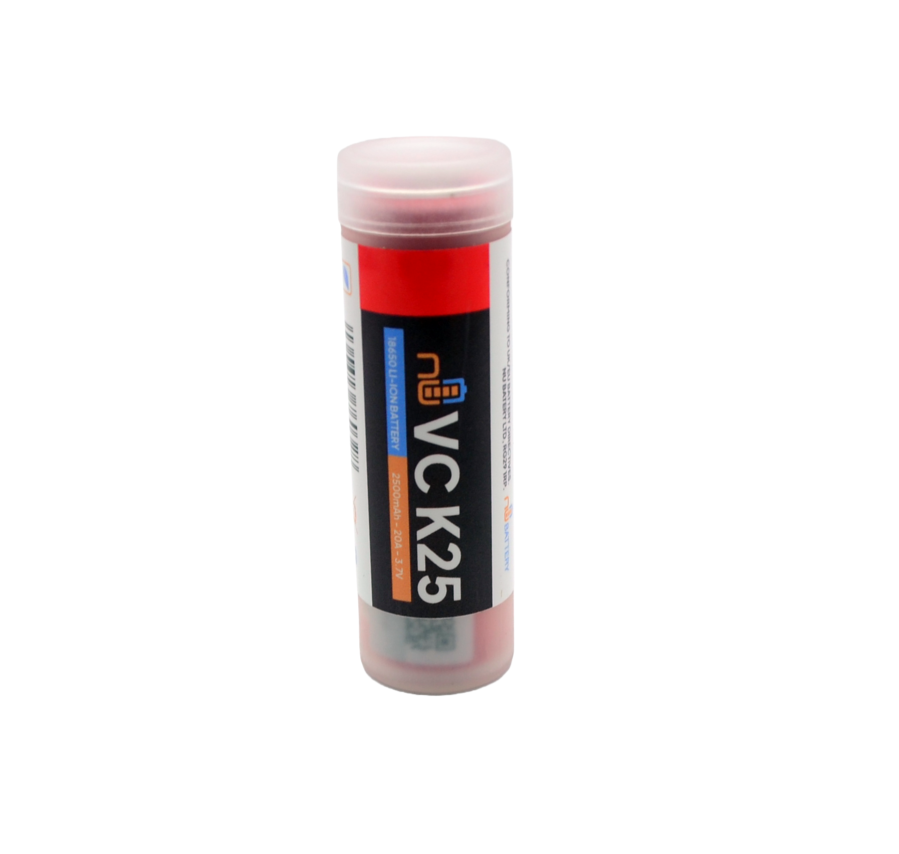 Vapcell K25 18650 battery in red casing, 2500mAh capacity, 20A continuous discharge.