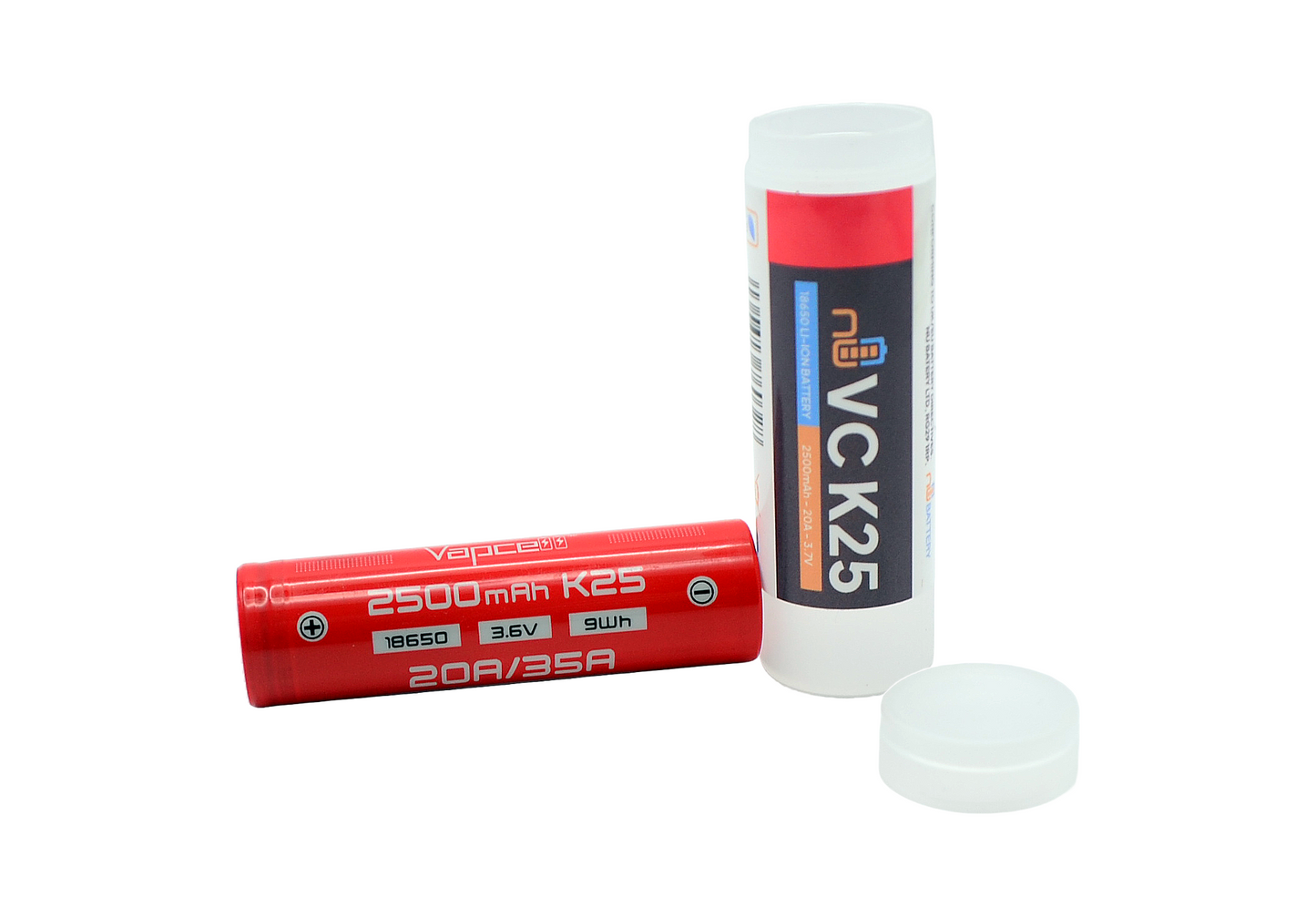 Vapcell K25 battery with protective storage tube, perfect for high-drain devices.